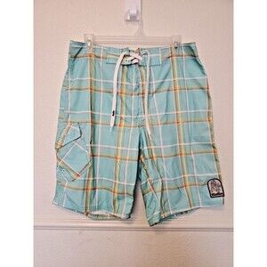 Katin USA Board Shorts 31 Blue Green Checked Surf Trunks Vintage Pocket
